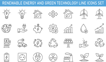 Obraz premium Renewable energy and green technology line icons set, solar wind power eco house electric vehicle sustainability vector collection