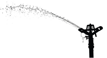 Obraz premium Silhouette of an oscillating sprinkler head spraying water droplets across a bright white background