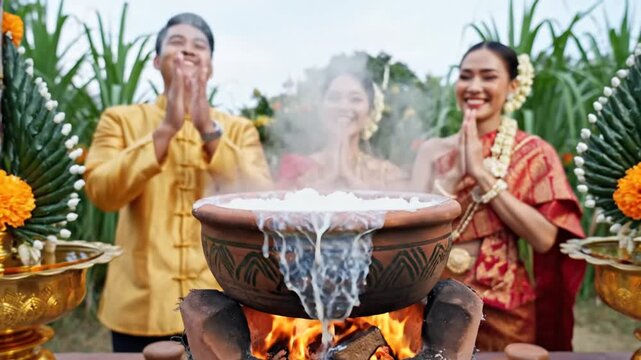 Three people, in traditional garments, smile and watch a pot boil over an open fire outdoors