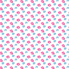 Seamless pattern with small pink and blue watercolor-style flowers on a white background
