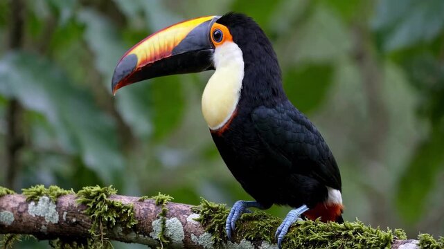 A vibrant Toco Toucan with its iconic large orange beak and black feathers sits alertly in a tropical setting.