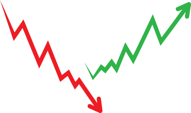 A red downward trend line and a green upward trend line with arrows on a white background