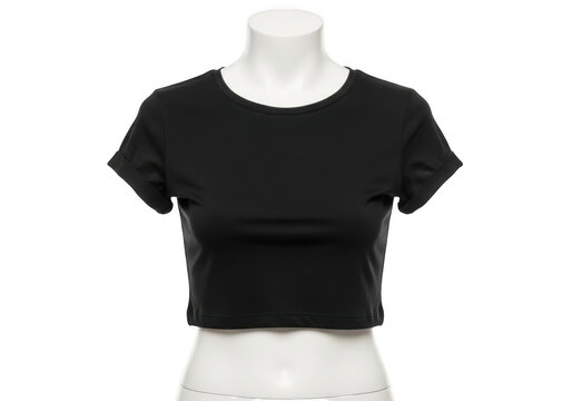 Black women's short sleeve cropped t-shirt on mannequin torso isolated on transparent background