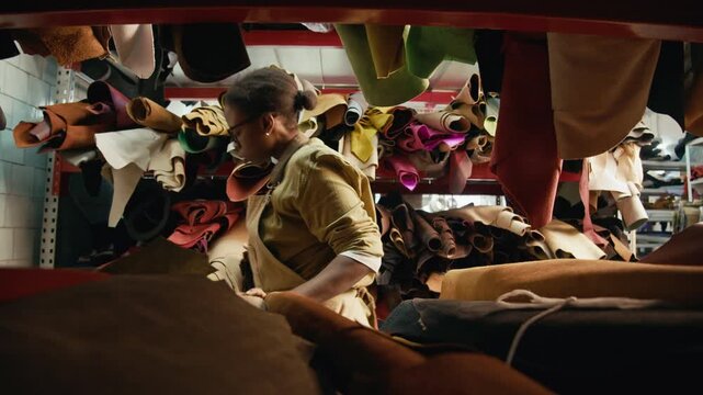 Young African American female artisan choosing leather roll on shelves in storage room selecting material for craft work in leatherworking studio