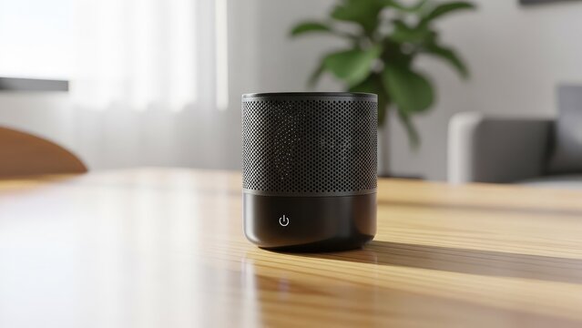 A black and silver smart speaker on a wooden table in a modern living room.