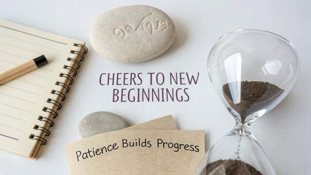 Hourglass and stones with motivational quotes for new beginnings