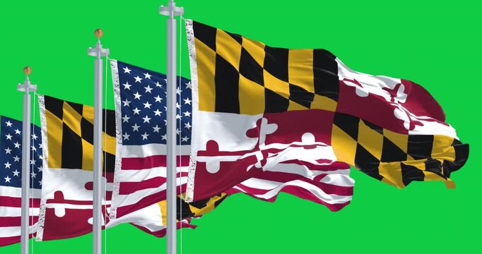Maryland state flag waving with the american national flag isolated on green background