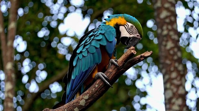 A vibrant blue and yellow macaw parrot is perched on a branch with palm trees and a beach in the background. This high-quality wildlife footage is ideal for travel, tropical nature, and exotic pet the