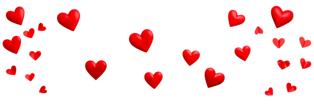 Red heart shapes floating on white background, romantic symbol for love and Valentine's Day.