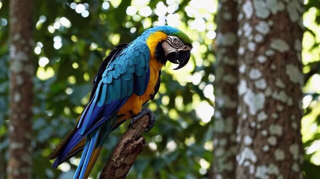 A vibrant blue and yellow macaw parrot is perched on a branch with palm trees and a beach in the background. This high-quality wildlife footage is ideal for travel, tropical nature, and exotic pet the