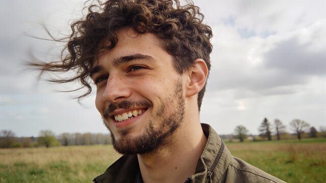 Portrait of a cheerful young man with natural curly hair and beard, wearing a green jacket, standing in a field. Soft natural daylight, authentic facial expression, real skin texture with freckles, sp