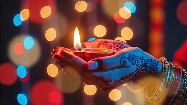 Spiritual indian woman lighting diya lamp for navratri and durga puja chaitra festival devotional hindu celebration traditional festive motion scene