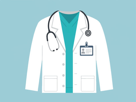 Doctor white coat with stethoscope and badge on light blue background  medical professional uniform