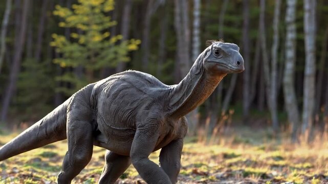 A detailed head shot of a flightless prehistoric bird or dinosaur with gray skin and large eyes, set against a soft bokeh forest background. The 3D render emphasizes the realistic skin texture and lif