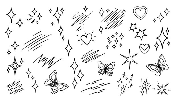 Anime Comic Twinkle Effect Vector Set &ndash; Magical Sparkle, Hearts, Butterflies
