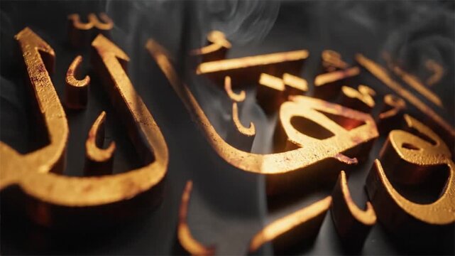 Golden Arabic Basmala Calligraphy Loop with Ethereal Smoke Motion Background