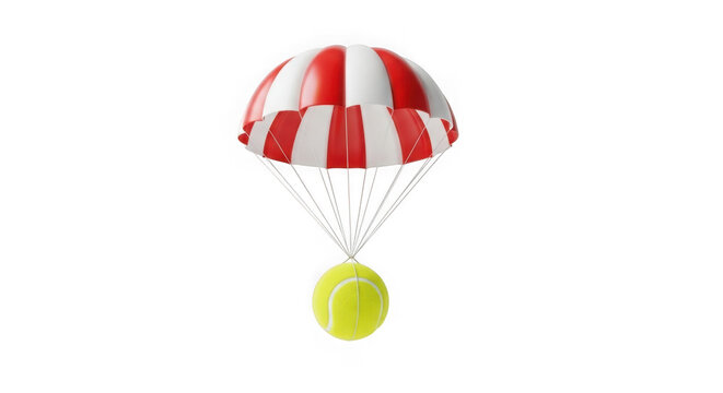 A colorful parachute with a tennis ball safely descending from the sky isolated on transparent background