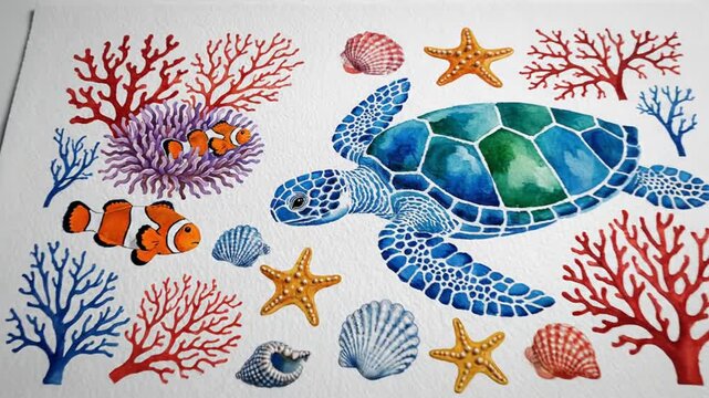 Watercolor painting showcasing an oceanic scene with a sea turtle, fish, coral, and other marine life