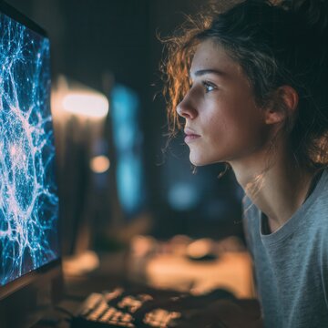 young woman intensely working at a computer, abstract glowing neural network visuals displayed on the screen, dark modern workspace with subtle ambient lighting