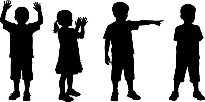 Four children silhouettes in different poses on white background