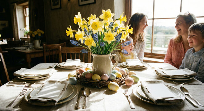 Family easter lunch with decoration of eggs and spring daffodils