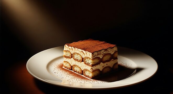 Classic italian tiramisu dessert with espresso soaked ladyfingers and creamy mascarpone layers on a white plate