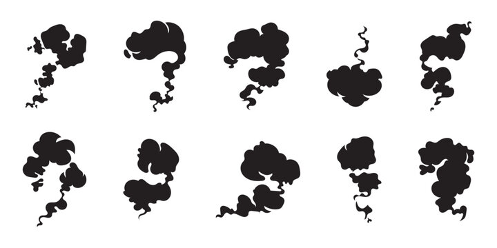 Set of solid black icons representing abstract smoke or steam plumes, ideal for warmth and aroma concepts.