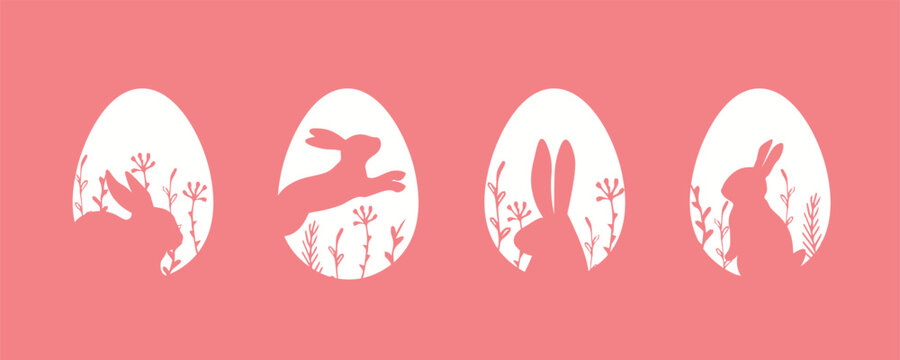  happy easter banner card with egg, flora and rabbit pink. flat modern minimalistic illustration ,postcards, poster, ad
