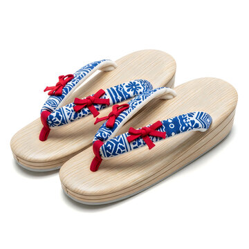Traditional blue and red patterned wooden sandals with red straps.