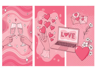 Valentines Day celebration illustrations with love hearts flowers and champagne glasses  romantic holiday graphics © Md