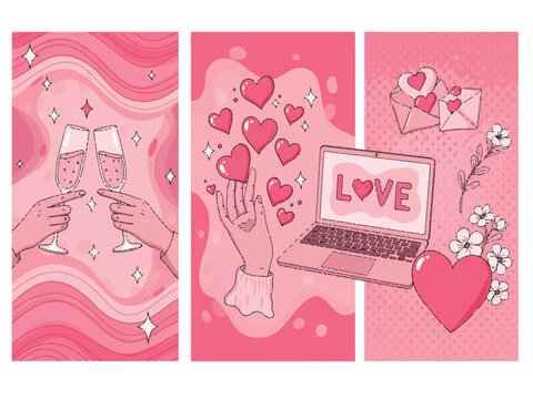 Valentines Day celebration illustrations with love hearts flowers and champagne glasses  romantic holiday graphics