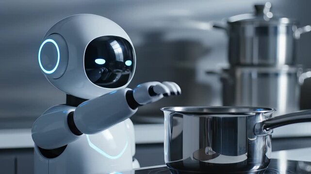 Robot cooks in kitchen stirring pot on stove. Smart robot assistant helps with cooking tasks. AI robot prepares food in kitchen. Automation technology for home cooking. Robot chef concept.