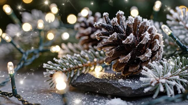Slow motion macro shot of frosted pine cones and evergreen sprigs resting on a cool stone table illuminated by bright white Christmas twinkle lights stillness, festive, cones