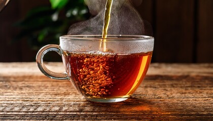 pouring hot black tea into a clear glass cup on a rustic wooden table