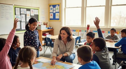 Obraz premium Young Teacher Pointing at Map with Diverse Students in Classroom