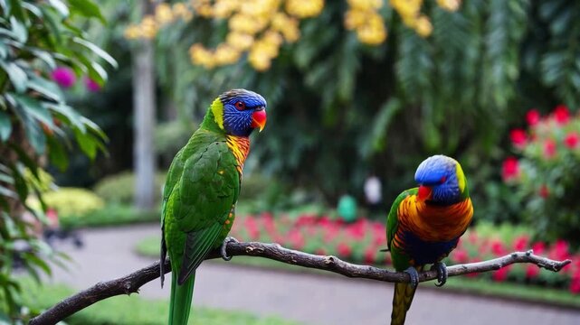 Two vibrant, multi-colored parrots with blue heads and green wings are perched on a branch in a botanical setting. The bright plumage of the lorikeets stands out against the soft, blurred garden backg