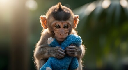 Young monkey holding blue teddy bear with warm sunlight, adorable infant primate portrait
