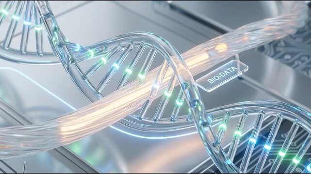 DNA strand genetic code biotechnology bioinformatics molecular science data visualization futuristic technology glowing lights transparent structure double helix digital material research analysis