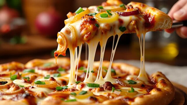 BBQ Chicken Pizza Slice Lift with Melted Cheese and Caramelized Onions