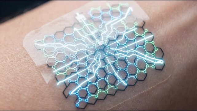 Wearable electronic skin patch with transparent flexible circuit and hexagonal pattern, glowing blue lines, futuristic health monitoring innovation, close up human arm, digital healthcare technology