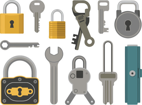 Set of security and locksmith tools and icons Vector isolated on transparent bg