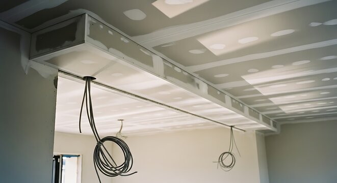 Construction site with exposed HVAC ductwork and wiring on ceiling.