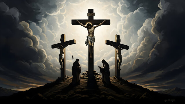 Crucifixion scene with dramatic sky
