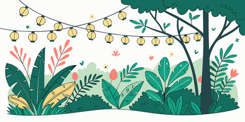 Vibrant tropical landscape with colorful birds and lush vegetation © AX