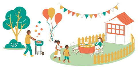 Fototapeta premium Children celebrating a birthday party with balloons and a cake