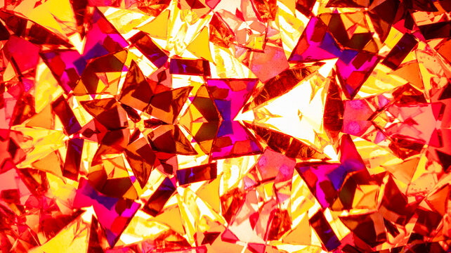 A macro photo of a real kaleidoscope pattern shot on camera. This authentic view shows intricate geometric reflections of red and pink glass beads through internal mirrors.