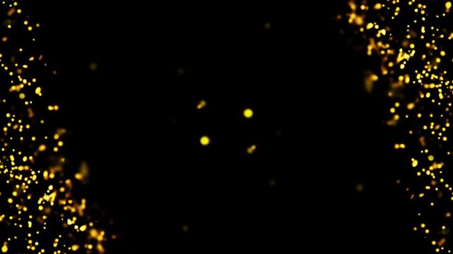 4K Golden particles and sparkles. Christmas gold glitters. Bokeh lights. 3D glowing dust trail. Logo revealer. Intro animation. Isolated on black.