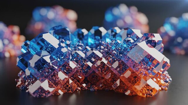 Slow motion macro shot of synthesized blue and orange medication crystals growing and restructuring into perfect geometric pharmaceutical shapes structure, microscopic, macroshot