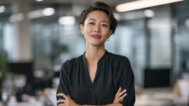 Friendly professional woman smiles confidently in modern office setting, showcasing approachable demeanor and style during work hours