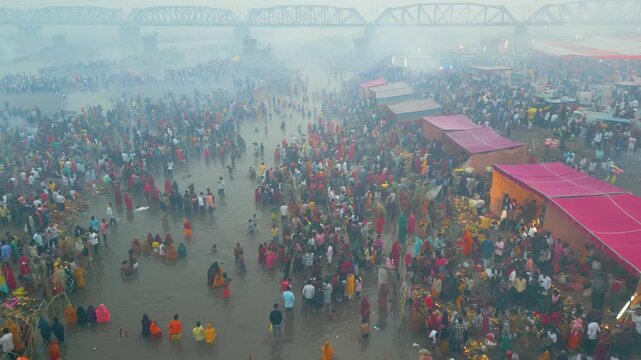 Ludhiana, Punjab, India, October 27 2025, Aerial view of Chhath Puja in Satluj River and Dugri Nahar